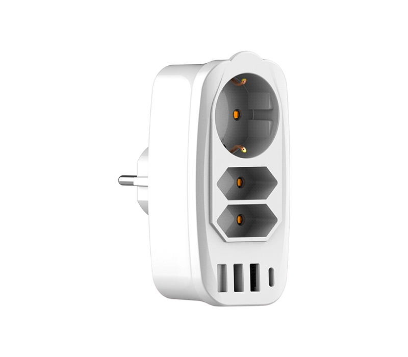 E06 Utični višenamjenski produžni kabel s 2 europske utičnice tipa C, 1 europskom utičnicom tipa F, 3 USB-A priključka i 1 USB-C priključkom