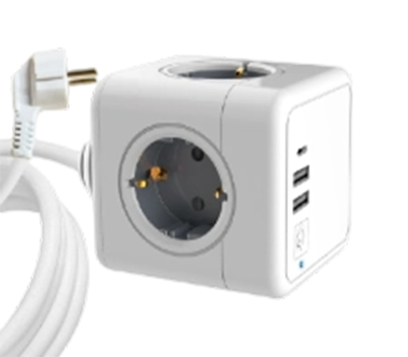 E04C žičani kub produžni kabel s 4 utičnice europskog stila, 2 USB-A priključka i 1 USB-C priključak