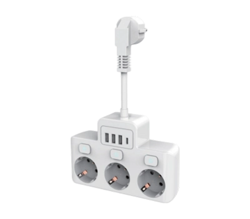 E14 žičani produžni kabel s 3 utičnice u europskom stilu, 3 USB-A priključka i 1 USB-C priključak, s neovisnim prekidačem
