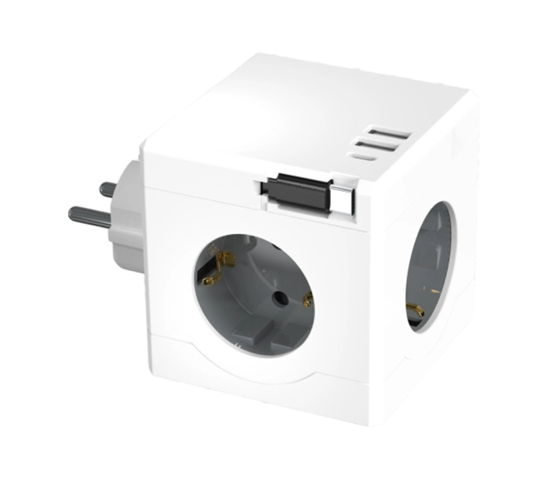 E15-D Plug-in Cube produžni kabel s 3 utičnice u europskom stilu, 2 USB-A priključka i 1 USB-C priključak, s uvlačivim kabelom za punjenje