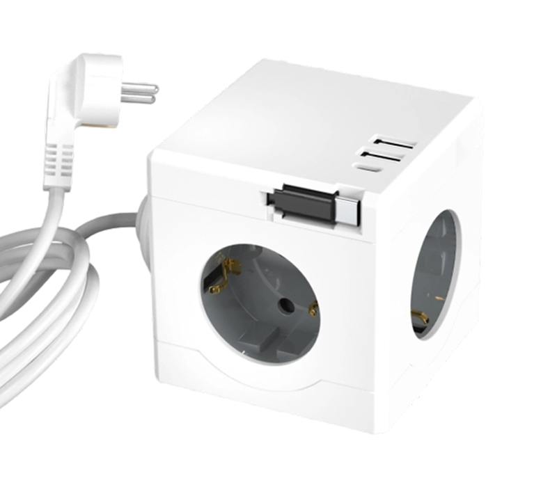 E16-D žičani kockasti produžni kabel s 3 utičnice europskog stila, 2 USB-A priključka i 1 USB-C priključak, s uvlačivim kabelom za punjenje