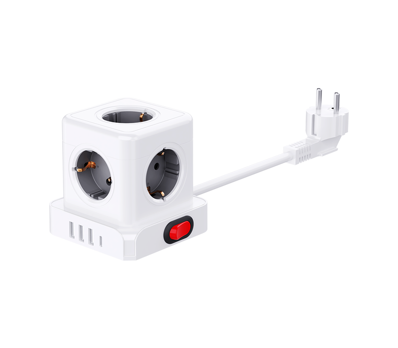 E23 žični kockasti razdjelnik s 5 utičnica u europskom stilu, 3 USB-A priključka i 1 USB-C priključak, s prekidačem